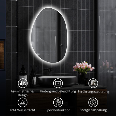 Дзеркало для ванної кімнати HOMCOM 70 x 50 см з асиметричною формою, LED-підсвіткою, сенсорним перемикачем та функцією запобігання запотіванню, срібного кольору