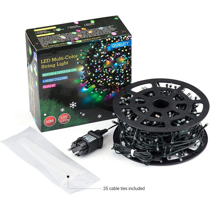 Гірлянда світлодіодна зовнішня 100 метрів, 1000 LED, святкова, вологостійка IP44, 8 режимів, для декорування дому, вечірки, ялинки, балкону, тераси (кольорова, 50м500LED)