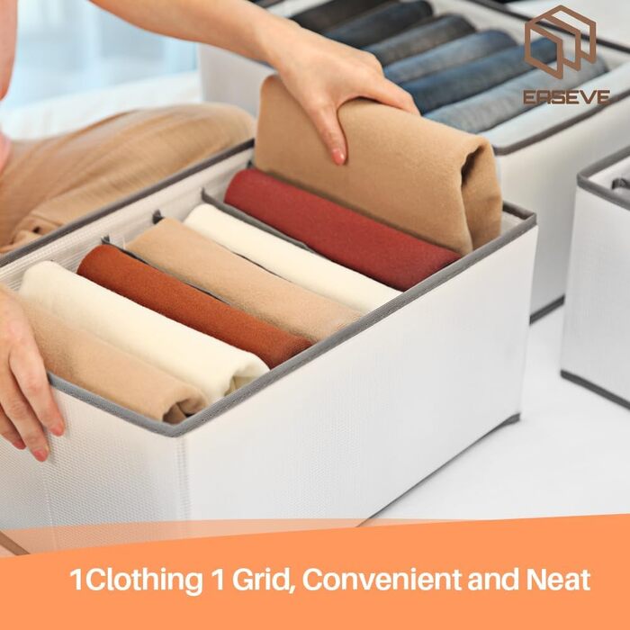 6-Piece Closet Organizer Clothes Storage - 7 Compartments Folding Drawer Organization System Clothes Storage Box for Pants, Jeans, Shirts, Sweaters, T-shirts (1 Pack)