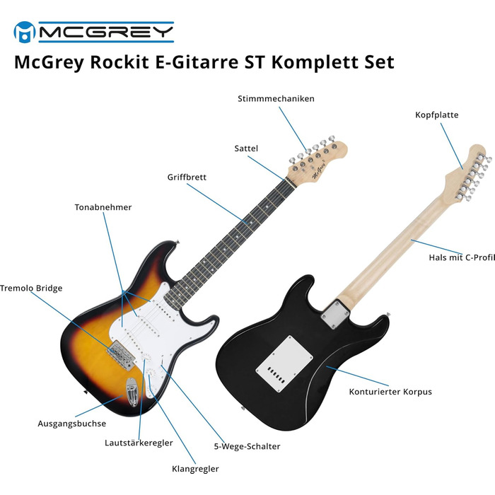 Електрогітара McGrey Rockit ST Комплект (8 предметів) з усіма аксесуарами, сонячний колір