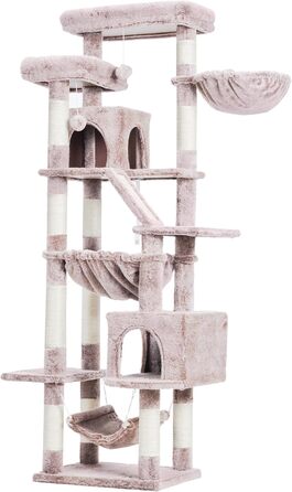 Кігтеточка-будинок для котів Heybly HCT034W, 180 см, коричнево-бежева, з 2 платформами, 2 будиночками, 2 гамаками, корзиною та кігтедробком