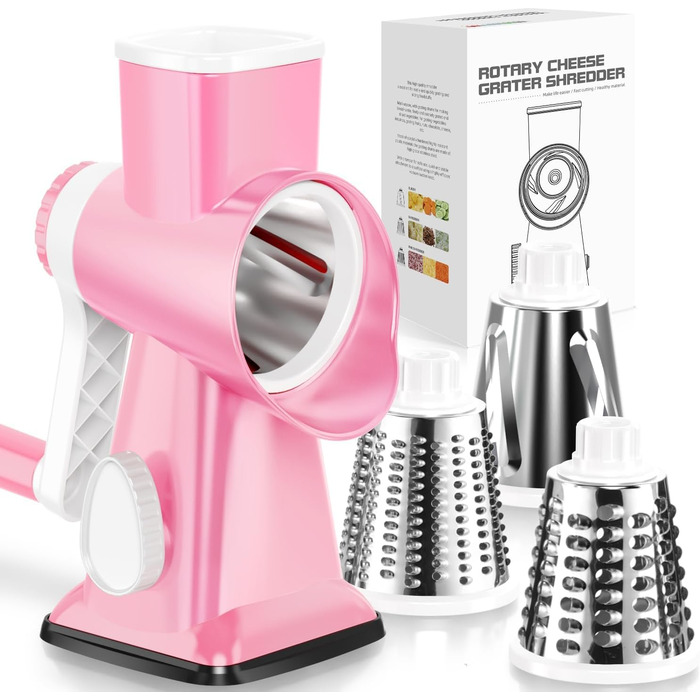 Ручна тертка для сиру та овочів Dreamhigh з ручкою, 3 змінні леза з нержавіючої сталі, ідеальна для сиру, горіхів, моркви та інших продуктів, білий колір (рожевий)