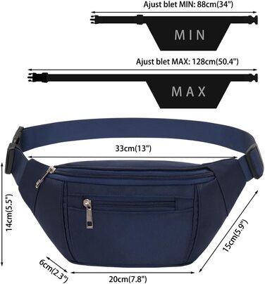 Поясна сумка на пояс, нагрудна сумка, спортивна сумка для чоловіків та жінок, водонепроникна, велика, для телефону, для прогулянок, кемпінгу, подорожей, фітнесу, велосипеда, бігу (Темно-синій)