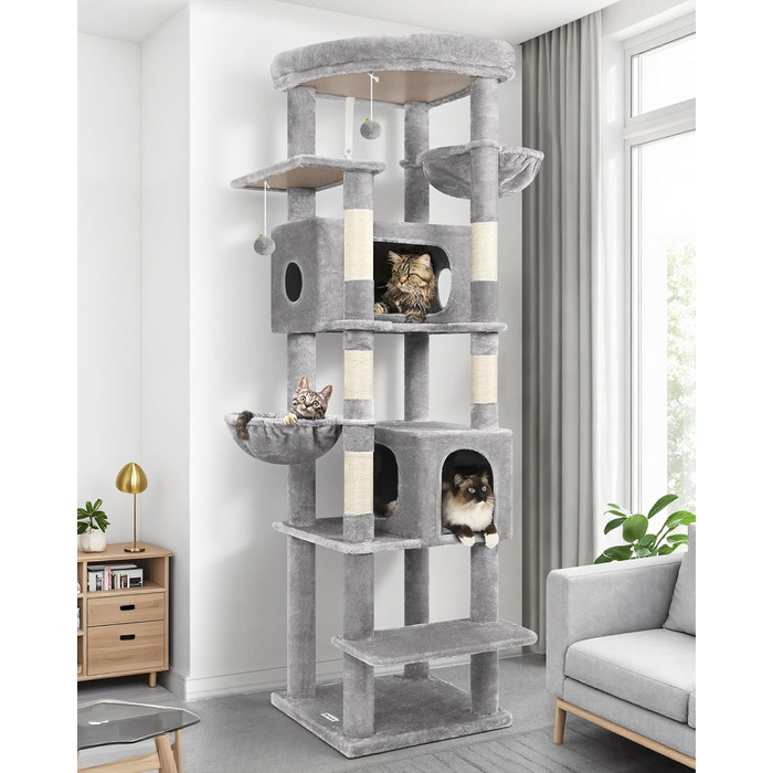 Драбина для котів Globlazer XXL, 188 см, з будиночком, платформами та кошиками. Стабільна, не перекидається, для великих котів, сірий