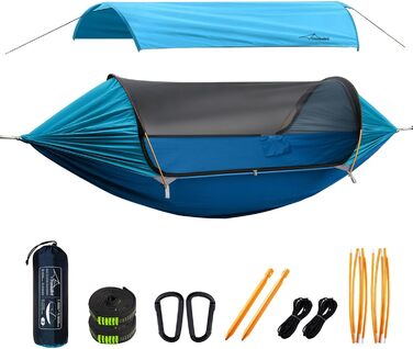 Гамак для кемпінгу 4-в-1 з москітною сіткою та знімним сонцезахистом, 290x140 см, для відпочинку на природі, пікніків, походів та подорожей, армійного кольору (106x55 см, блакитний)