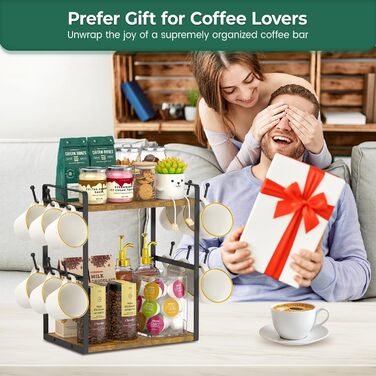 EsLuker.ly 2-Tier Mug Holder and Cup Stand, Mug Rack for Coffee Cups, Coffee Organizer for Countertop, Coffee Station Organizer with Mug Holder, Vintage Brown-Black