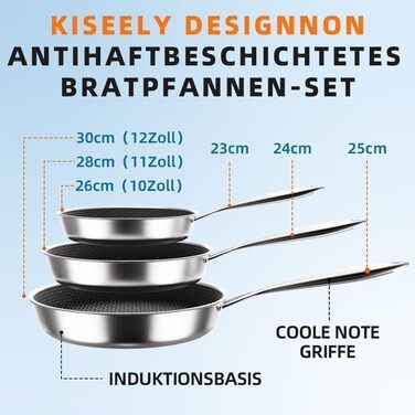 Набір сковорідок Hybrid 26см+28см+30см: антипригарне покриття, для всіх плит, з антинагрівальним ручками, безпечне миття в посудомийній машині та використання в духовці (PZ1)