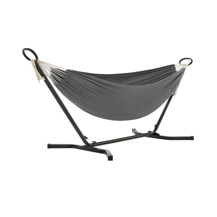 Гамак SONGMICS 210x150 см з металевим каркасом, регульована висота, до 240 кг, чорний каркас, сірий гамак для саду GHS001G01