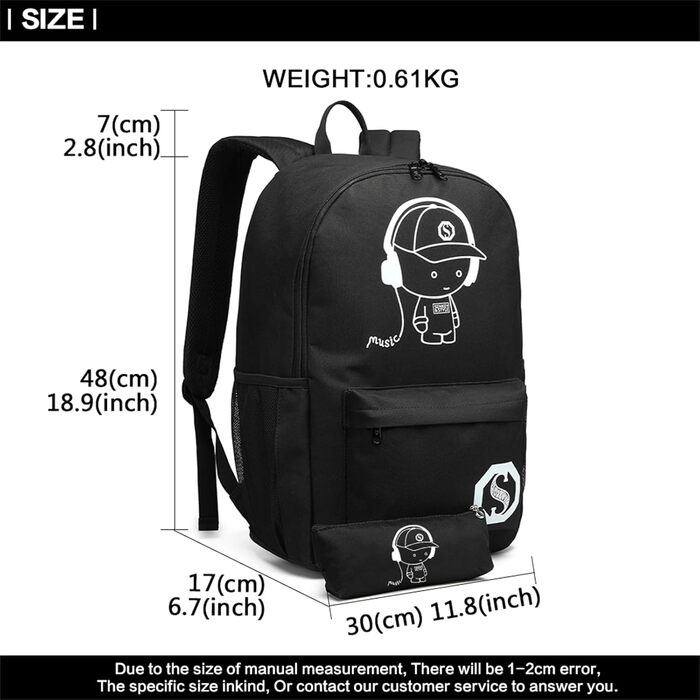 Шкільний рюкзак KONO для підлітків, чорний, світловідбиваючий, легкий, водонепроникний (30x17x48 см)