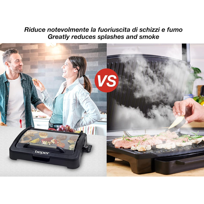 BEPER Electric Grill with Glass Lid - Non-Stick Coated Grill Plate, Stainless Steel, 2200W, Black