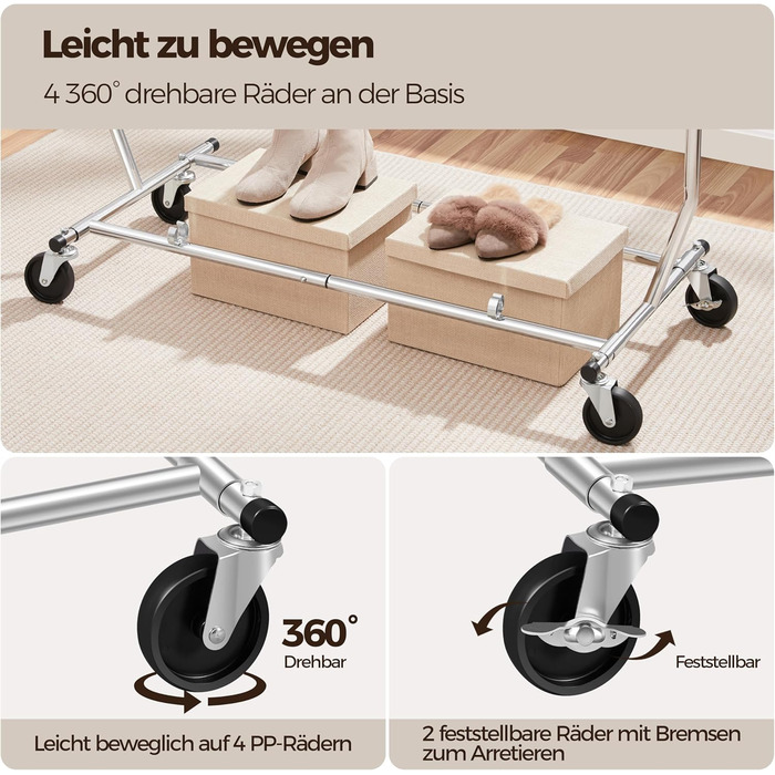 Yaheetech Clothes Rack Rolling Garment Rack Extendable Clothes Rail Height-Adjustable Clothes Hanger with Foldable Base, Load Capacity up to 90 KG