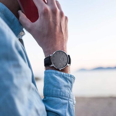 Годинник чоловічий BUREI Ultra Slim аналоговий з датою, кварцовий механізм Japan, шкіряний ремінець, чорний та сріблястий, подарунок для чоловіків