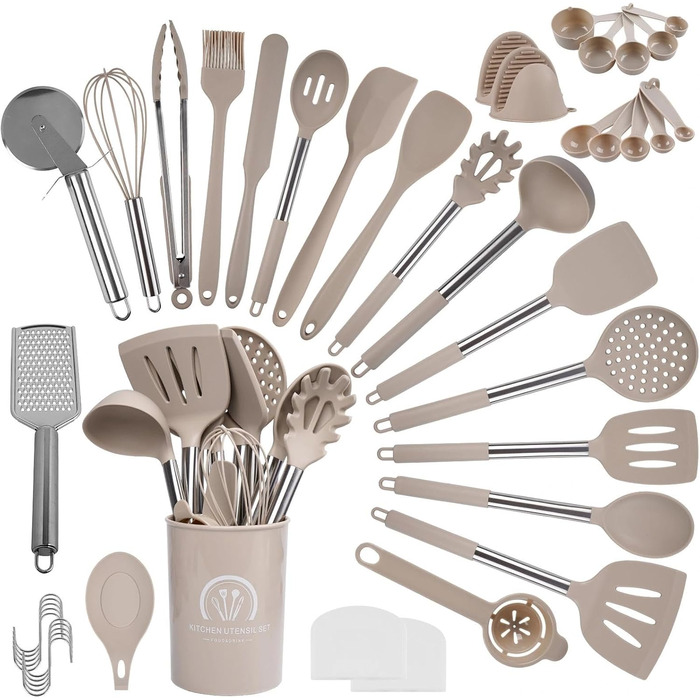 Набір кухонних помічників 45 предметів: силіконове кухонне приладдя, тримач, міксер, половник, лопатка, для миття в посудомийній машині (Хакі)