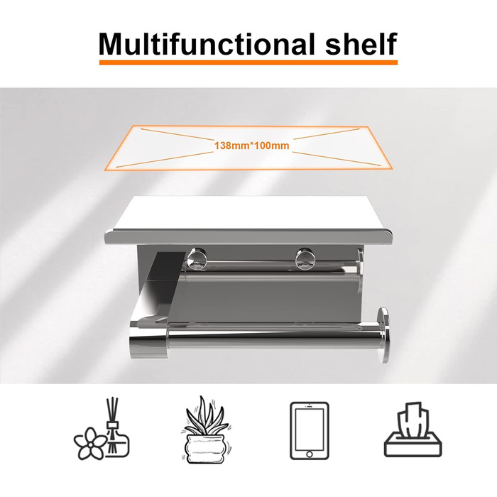 Тримач туалетного паперу Ibergrif з 2 способами монтажу, без свердління, з полицею, нержавіюча сталь, сріблястий