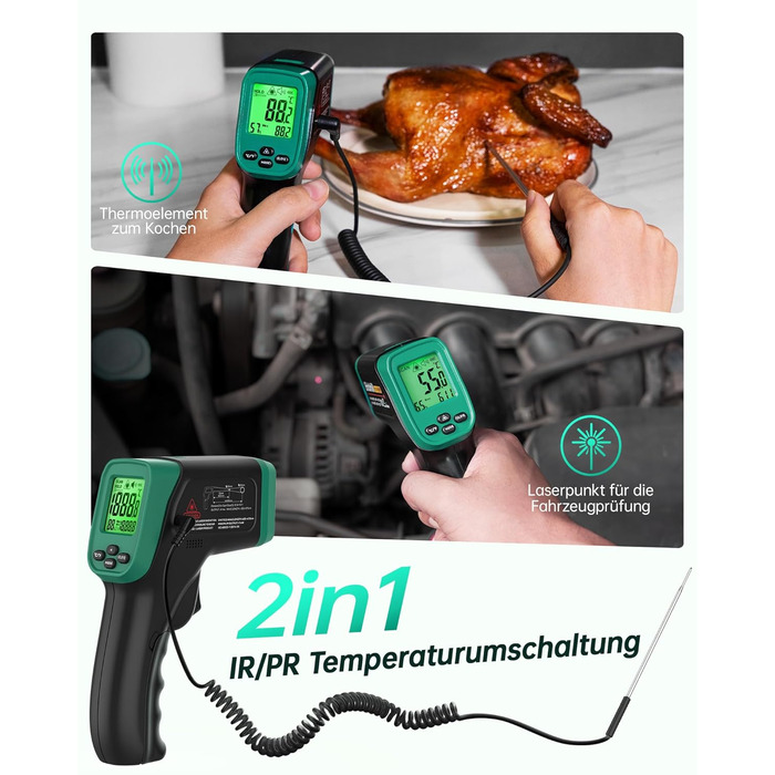 Інфрачервоний термометр ERICKHILL -50°C до 800°C, безконтактний цифровий лазерний термометр з щупом для м'яса -50°C до 300°C, регульований коефіцієнт випромінювання – для приготування їжі/грилю/заморожування