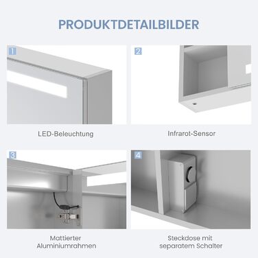 Дзеркальна шафа для ванної кімнати AQUABATOS з розеткою та підсвічуванням LED, 50x70 см, шафа для ванної кімнати, дзеркало з інфрачервовим сенсором, регулювання яскравості, антизапарювання, холодне біле світло