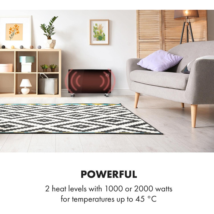 Klarstein Electric Heater, Convector Heater - Freestanding or Wall-Mounted, Energy-Saving Electric Heater, App Control, Quiet Electric Heater, Standalone Electric Radiator with Thermostat, 2000 W Black Bornholm Curved Smart