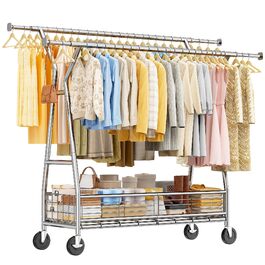 Підвісна шафа для одягу на коліщатках з подвійною перекладиною та сітчастим кошиком, 200 кг, великий об'єм для зберігання одягу та аксесуарів