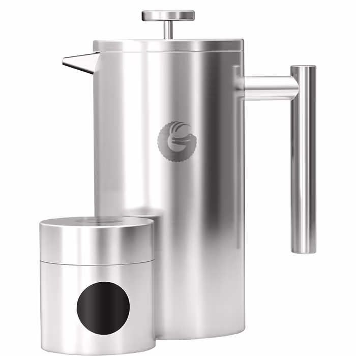 Coffee Gator French Press Coffee Maker - Stainless Steel Thermal Coffee Carafe for Longer Hot Coffee - 1 Liter – Stainless Steel - Includes Travel Coffee Canister Silver