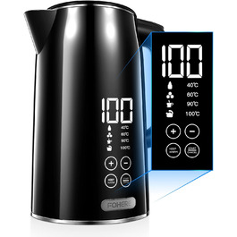 Електричний чайник FOHERE з регулюванням температури 1.7L, LCD дисплеєм (40°C - 100°C), чорний, з підігрівом до 240 хв, 2200W
