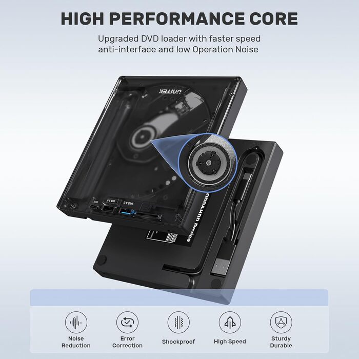 Зовнішній CD/DVD привід UNITEK USB-C/USB 3.0 з картридером SD та USB-хабом, портативний DVD-плеєр та записувач CD-ROM для ноутбука, ПК, Windows, Linux, macOS, чорний