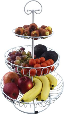 Металевий кошик для фруктів та овочів з ручкою - 3 яруси, великий, з нержавіючої сталі, з циркуляцією повітря (45см, Ø30-24-16.5см), білий