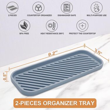 Стильний тримач для мила з силікону для раковини, органайзер для кухні, ванної, туалетного столика, столу, зберігання губки, мила, щітки, косметики, пляшок, довговічний, 2 шт. (23.5 x 9.5 x 1.4 см, Сірий)