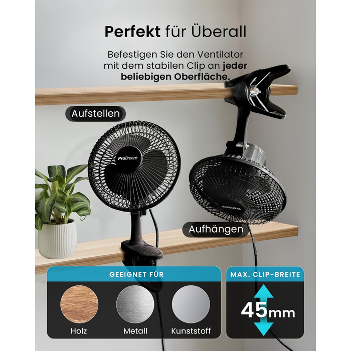 Mini вентилятор Pro Breeze з кліпсою, 20 см, 2 швидкості, тихий, для столу, офісу, кімнати (Чорний)