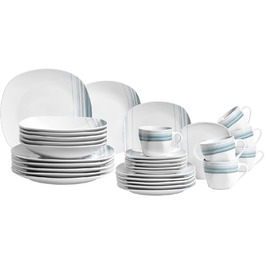 MÄSER 931211 Series Enni, 30-Piece Combination Service, White Porcelain Dish Set with Blue Pattern, Plates, Coffee Cups, Dessert Plates for 6 People, Porcelain, White / Blue 30-Piece Combination Service