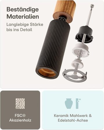 Набір для солі та перцю Praknu з акації FSC® з керамічним жорном – безступеневе регулювання та довговічність – для перцю та солі – дерев'яна млинка для спецій – набір млинок для солі та перцю – чорний – великий