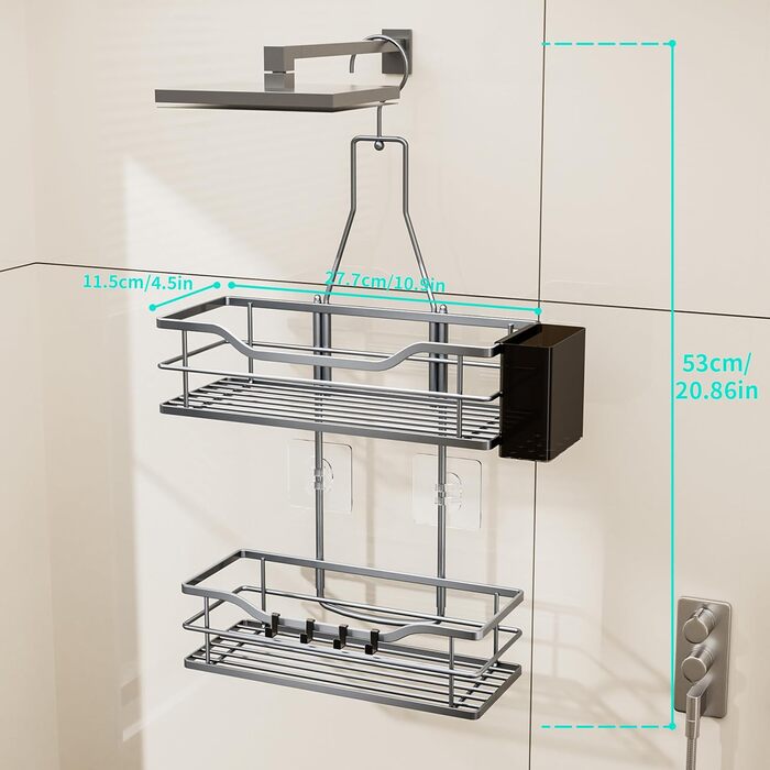 Настінна поличка для душу HapiRm з 4 гачками - поворотна 360°, органайзер для шампуню та мийних засобів, сріблястий