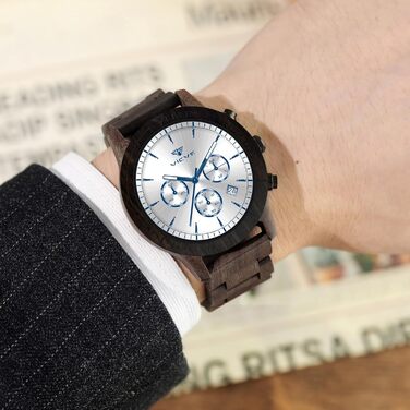 Дерев'яний годинник на руку з натурального дерева, кварцовий годинник з датою, хронограф (Вільха Біла)