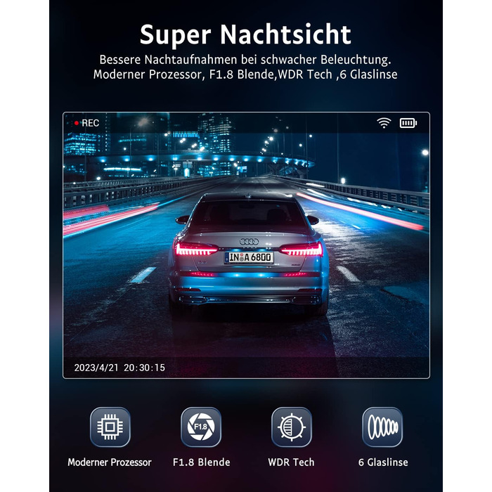 Відеореєстратор GKU Dashcam Auto: 2.5K, 1600P, WiFi, 170° Кут огляду, Mini, WDR, Нічне бачення, G-сенсор, Паркування, Loop, App, 256GB