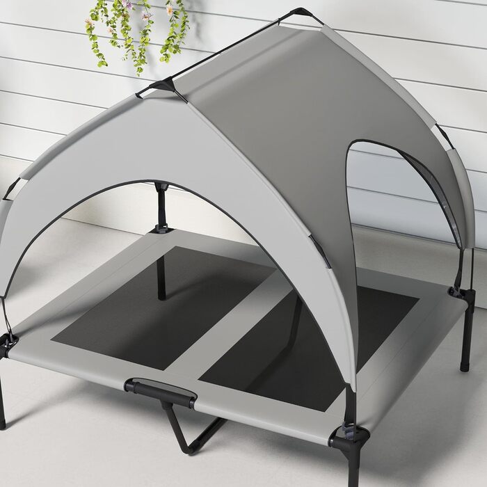 PawHut Підвищене собаче ліжко з балдахіном, ліжко для домашніх тварин, вулиця, лежанка для собак з дахом, дихаюча, для міні та маленьких собак, Оксфорд 61 x 46 x 63 см (Д 91 x Ш 76 x В 89 см, світло-сірий)