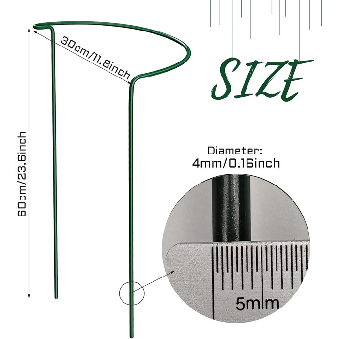 KAZITOO 8 Pack Large 60cm Tall Arch Plant Support Stakes, 4mm Thick Metal Garden Supports Green Half-Round Flower Rings with 4 Self-Watering Tips for Peonies, Hydrangeas, Monstera (60x30cm)