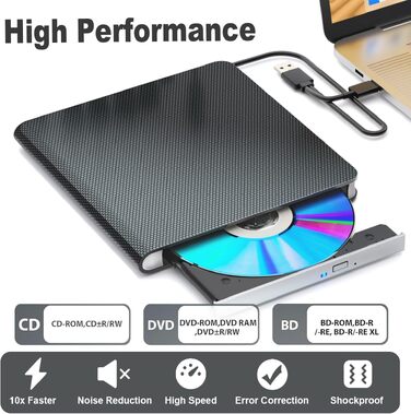 Зовнішній Blu-ray привід USB 3.0 та Type-C, портативний BD/DVD плеєр та рекордер для Windows та MacOS, чорний