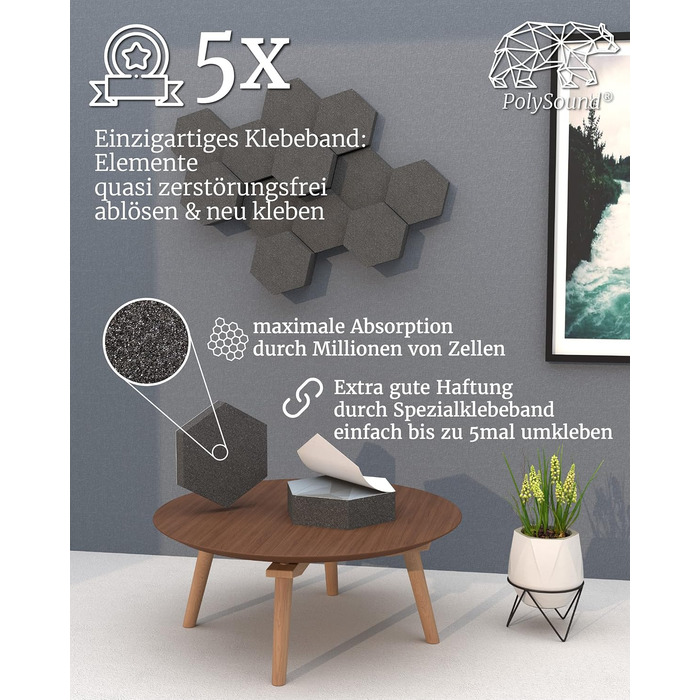 Акустичні 3D-панелі PolySound ECO гексагон, самоклеючі звукопоглинаючі шестикутні панелі для офісу, геймінгу та дому, набір 9 шт (3-10 см), PS Motiv