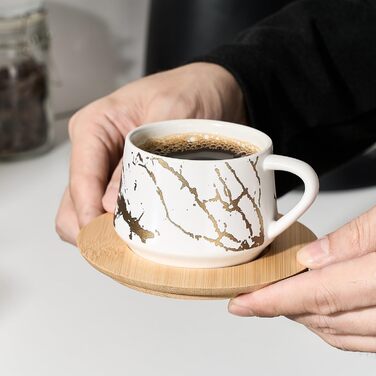 Керамічні чашки для кави та чаю з дерев'яними підставками та металевим стійком (6 шт., 130 мл) - Elegantes Option 2