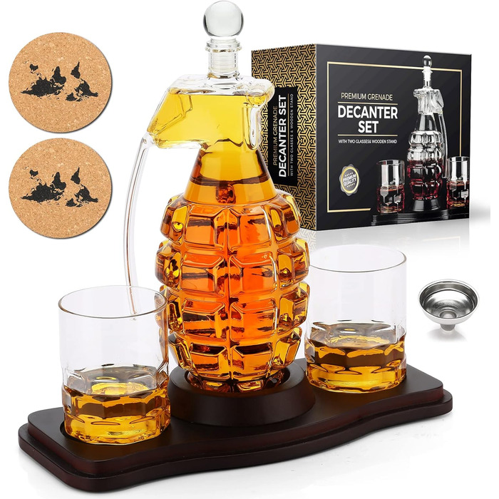 Набір віскі: декантик у формі бомби та 2 келихи з дерев'яною підставкою - для скотчу, бурбону, лікеру. Подарунок для чоловіків, батька, чоловіка, друга на ювілей, день народження