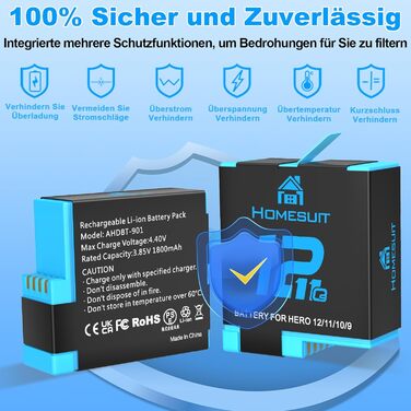 Набір акумуляторів Homesuit Hero 12/11/10/9 + LED зарядний пристрій USB-C (2 шт. акумулятори) для GoPro Hero 12/11/10/9 Black