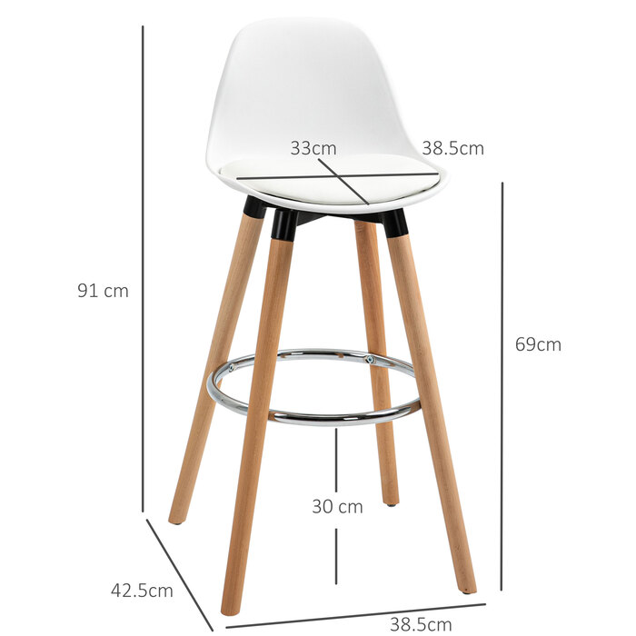 HOMCOM 2-Piece Bar Stool Set, Kitchen Stool, Bar Chair with Footrests, Faux Leather, White, 38.5 x 42.5 x 91 cm for Dining Room, Kitchen