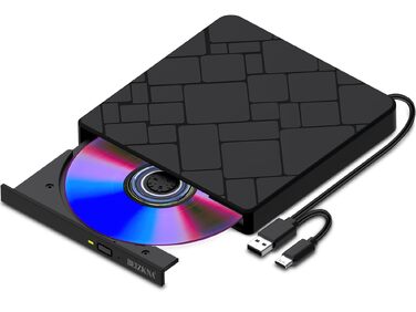 Зовнішній USB 3.0 та USB-C CD/DVD привід-записувач Beizkna, портативний DVD-бренер для ноутбука, ПК, MacBook та iMac, сумісний з Windows 11/10/8/7, Linux та macOS, чорний