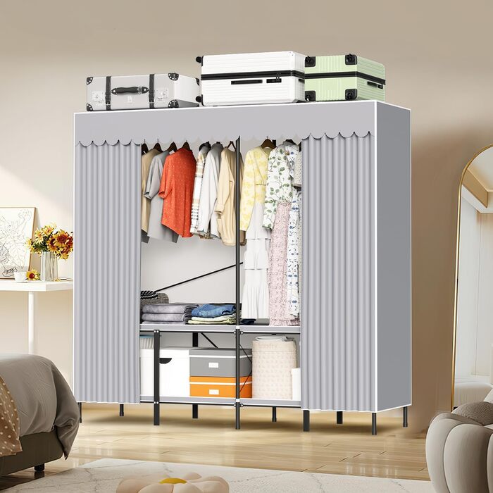 Wardrobe, Portable Shelf System, 20 Cube DIY Shelf System Wardrobe Open Plastic Closet with Doors Wardrobe Cabinet White 180 x 142 x 37CM (With Fabric Cover 178x170x48cm)