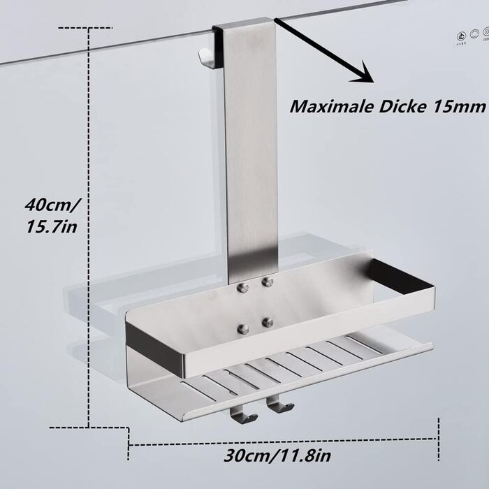 HomeHeng Hanging Shower Shelf, Stainless Steel Hanging Shower Basket, Brushed Nickel Hanging Shower Shelf with Hooks for Glass Shower Enclosure, H30BN-1DH