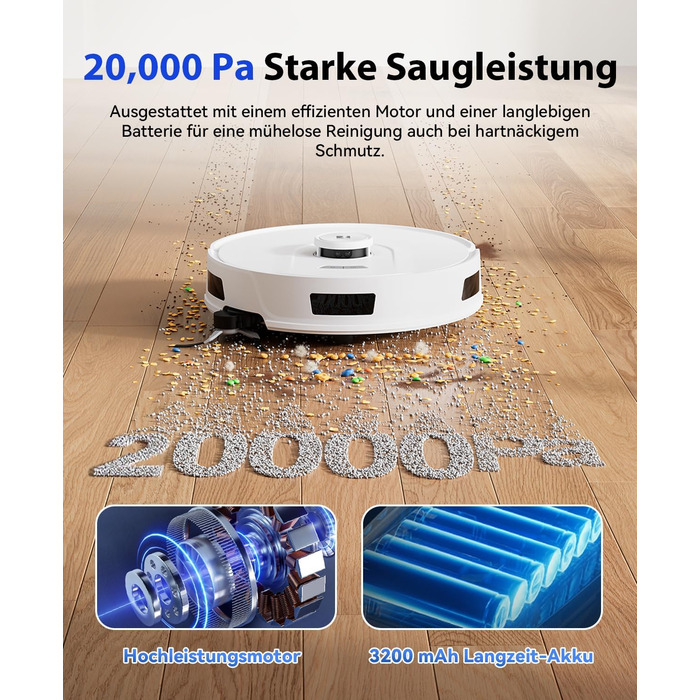 Робот-пилосос Redkey R11 з функцією миття, 20000Pa, док-станція 4L, захист від намотування волосся, LiDAR навігація, керування через додаток, для килима та шерсті тварин, білий