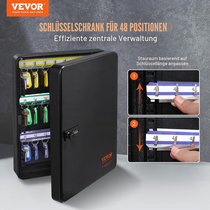 Металевий ключница-сейф VEVOR на 48 ключів, навісна шафа для ключів з замком, чорна (20 тримачів, 2 ключі, 4 картки)