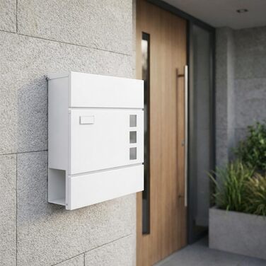 Поштова скринька BASI з м'яким закриттям, вікном для листівок та табличкою для імені | DIN A4 | 2 ключі | вбудований відсік для газет | Біла настінна поштова скринька