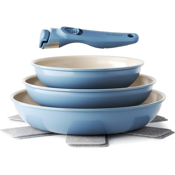 Redchef Ceramic Nonstick Pan Set - 6 Piece Induction Cookware Set (20, 24, 28 cm) - Blue
