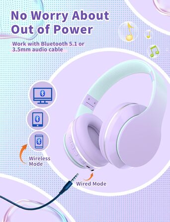 Xunpuls Бездротові навушники для дітей Bluetooth Over-Ear з мікрофоном (фіолетові)