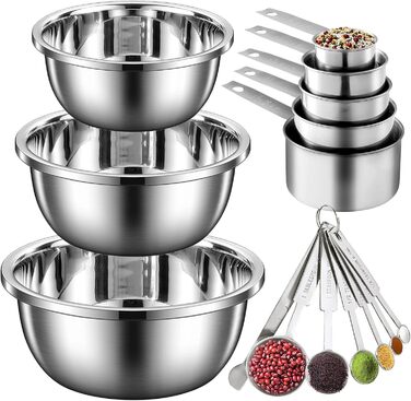 Mixing Bowl 3-Piece Set, Measuring Cup and Measuring Spoon 12-Piece Set, 5 Cup Pitcher & 7 Measuring Spoons, Nesting Cups, Stainless Steel Teaspoons and Tablespoons 18/8 for Baking and Cooking (Silver)